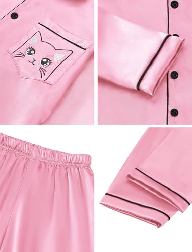 Mikrdoo Silk Pajamas for Girls Long Sleeve PJs for Kids Top and Pants 2 Piece Satin Slpeepwear Set 3-14 Years3