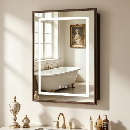 LILIAN MARRLEEN LED Medicine Cabinet Mirror for Bathroom, Wall Mounted or Recessed Metal Medicine Cabinet with Lights,Bathroom Vanity Storage,Walnut Wood Grain,24x32 inch