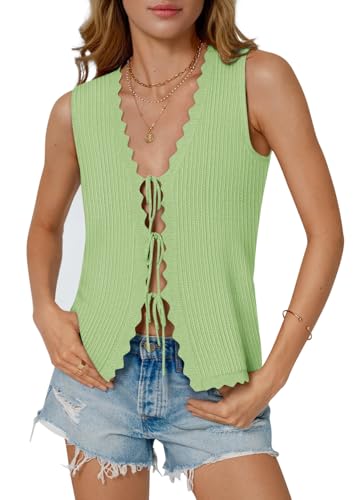 Image of COCCKO Womens Summer Tops Vacation Beach Outfits Cute Tie Front Crochet Vest Knit Sleeveless Sweaters
