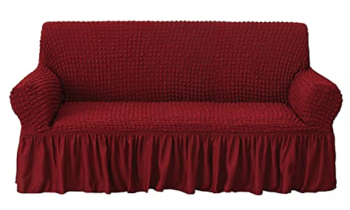 Image of House of Quirk Turkish Bubble Frill 280 GSM Sofa Slipcovers, Durable Washable Universal Triple Seater High Elastic Furniture Protector (Maroon, 185-230cm)