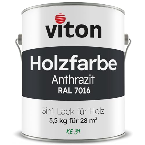 Viton Holzfarbe in Grau - 3,5 Kg Holzlack Seidenmatt - Wetterschutzfarbe für Außen - 2in1 Grundierung & Deckfarbe - Profi-Holzschutzlack - KE31 - RAL 7016 Anthrazitgrau