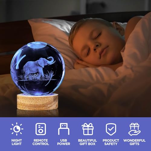 Image of 3D Elephant Crystal Ball Night Light with Woodern Base, 3.15 inch Elephant Figurines Glass Lamp with 16 Colors Cool Desk Decor Elephant Gifts for Women Kids Friends Adults