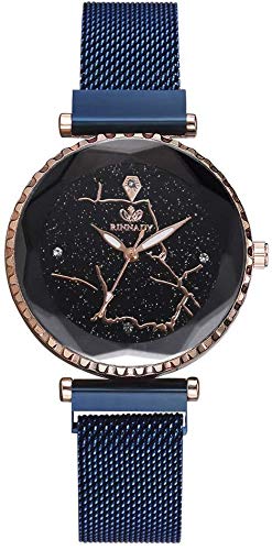 Damenuhr Quarz-Armbanduhr mit rundem Zifferblatt Planisphere Sternenhimmel-Uhr mit magnetischer Schnalle für Elegante Frauen, Blau
