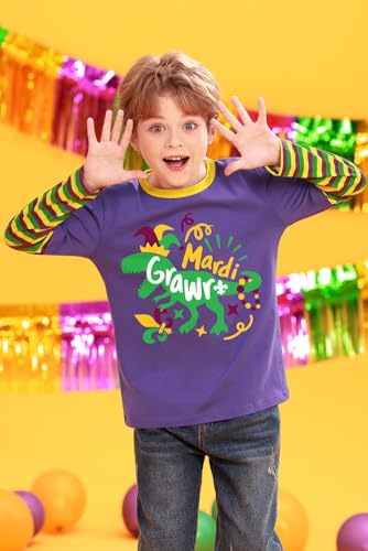 Image of Unisex Kids St Patrick's Mardi Gras Stripe Patchwork Long Sleeve Carnival Shirt 4-14 Years