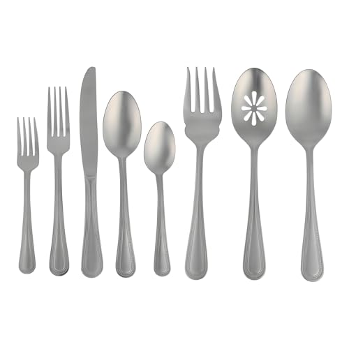 Image of Gibson Home Sinta 87-Piece Stainless Steel Flatware Set with Bead Border Design - Service for 12 Plus Serving Utensils, Polished Silverware, Dishwasher Safe