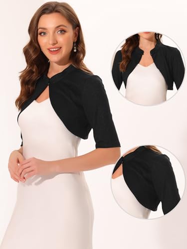 Image of Allegra K Cocktail Party Cardigan for Women's Stand Collar Half Sleeve Cropped Bolero Shrug Large Black