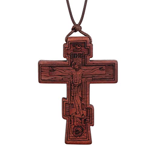 COTTVOTT Wood Orthodox Cross Pendant Necklace Christian Crucifix Necklace Prayer Jesus for Women Men