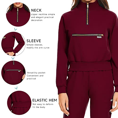 Niaahinn Scrub Set With Long Sleeve For Women Scrub Top & Jogger Scrub Pants Medical Working Uniforms With Pockets (Wine,S) #TOP3