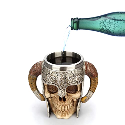 WIKEA Taza de Cerveza de Calavera de Acero Inoxidable, Jarra de Jarra de Calavera de Guerrero Vikingo, Taza de Bebida de Calavera Medieval para café/Bebida/Jugo (Jarra Dos)