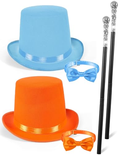 Kofero 6PCS Orange and Light Blue Top Hat Costume Bow Tie Vintage Cane Funny Dumb Halloween Accessories Party Cosplay Set Adult Men Women