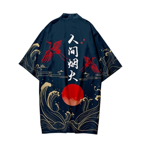 Mens Loose 3/4 Wide Sleeve Kimono Longline Yukata Robe Gown Tops Shirt Haori Coat Japanese Style2