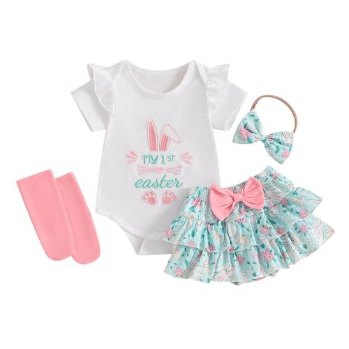 My First Easter Baby Girl Outfit Bunny Newborn Romper Shorts Skirt Socks Set Infant Toddler Cute Summer Clothes (B My 1st Easter Bunny Ear Green, 6-12 Months)