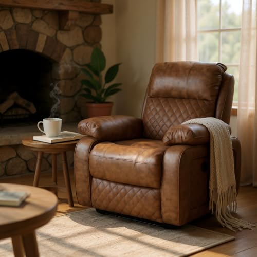 Image of Cable Crafts Deluxe Quilted Recliner in Brown Leatherette for Home Living Room Comfortable Seating