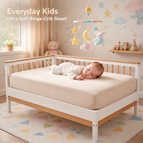 Image of Everyday Kids Fitted Crib Sheet, 100% Soft Breathable Microfiber Baby Sheet, Fits Standard Size Crib Mattress 28in x 52in, Beige Nursery Sheet