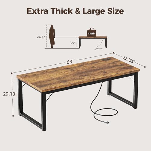 Image of Mericonia 63 Inch Computer Desk with Power Outlets, 1.2 inch Thick Office Table | Modern Simple Style, Heavy Duty Industrial Frame, Large Study & Writing Table for Home Bedroom Work, Brown