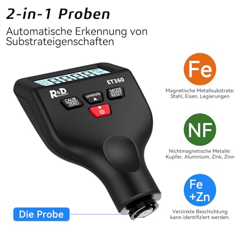 Lackmessgerät Auto RDINSCOS Schichtdickenmessgerät Autolack Lackdickenmessgerät für Auto Car Karosserie 0-1500μm LCD Display Für Eisen Aluminium und Zinkdetektion