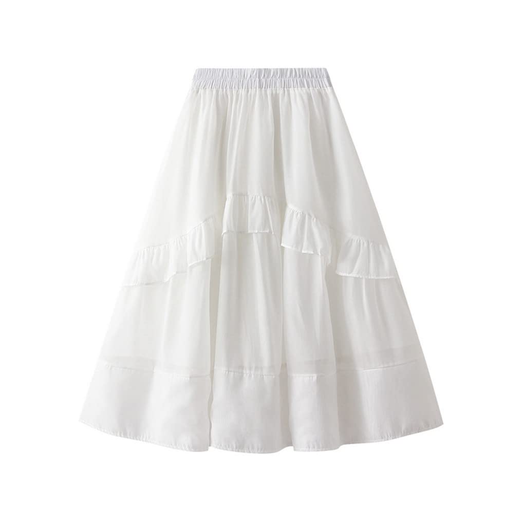 SePkus Falda Larga de Tul Suave y Blanca para Mujer, Falda Midi de Primavera y Verano, Falda Plisada con Volantes (Talla única Blanca)