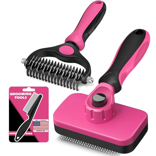 Image of Professional 3PCS Self Cleaning Slicker Brush & Pet Grooming Rake & Flea Comb for Dogs,Cats and Horses | Double-Sided Dematting Comb & Skin Friendly Deshedding Grooming Tool (Red)