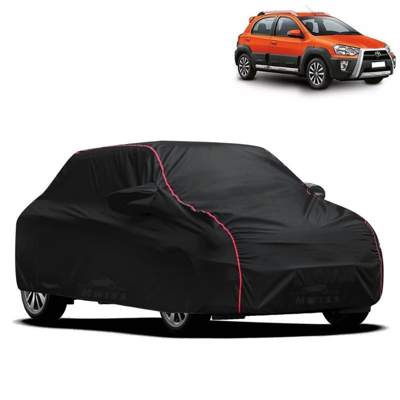 Image of Waterproof Car Cover for Toyota Etios Cross | All-Weather Protection, Dustproof & UV Resistant | Triple Stitched Mirror Pockets, Windproof Buckle Strap with Elastic Hem, Black-Red Piping