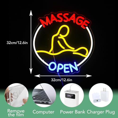 Image of Massage Open Neon Sign USB LED Massage Relax Pattern Neon Light for SPA Dimmable Switch Open LED Light Up Sign for Beauty Salon Physical Therapy Shop Business Wall Decor(12.6''*12.6'')