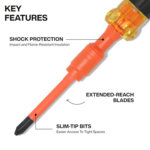 Image of Klein Tools 32604INS 4-in-1 Insulated Multi-Bit Screwdriver, Multi-Bit Driver with Auto-Locking Collar, 1000V Rated, In-Handle Bit Storage