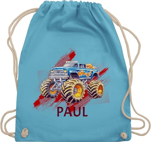 Turnbeutel Rucksack - Auto - Monstertruck mit Name | Monster Truck Personalisiert | Riesentruck - Unisize - Hellblau - kinder kindergarten wechselbeutel cars personalisieren stoffbeutel