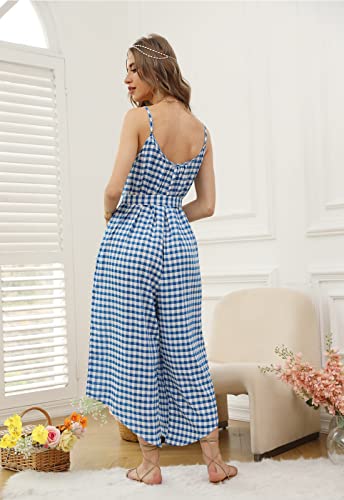 Wexcen Jumpsuits For Women Casual Wide Leg Long Rompers Summer Overall Spaghetti Strap Beach Boho Jumpers With Belt(Plaid-Blue,Xxl) #TOP2