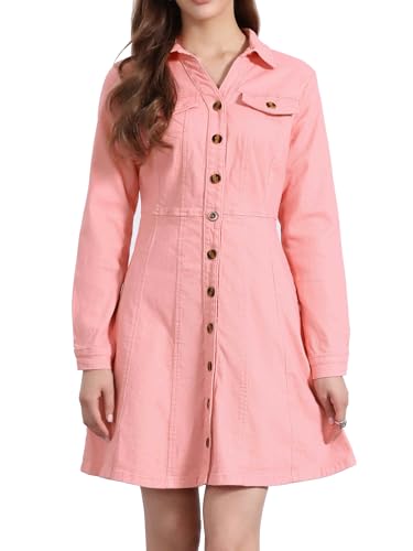 Allegra K Damen Jeanskleid Button-Down-Kragen V-Ausschnitt Langarm A-Linie Baumwolle Jeanskleid, dunkelrosa, X-Groß