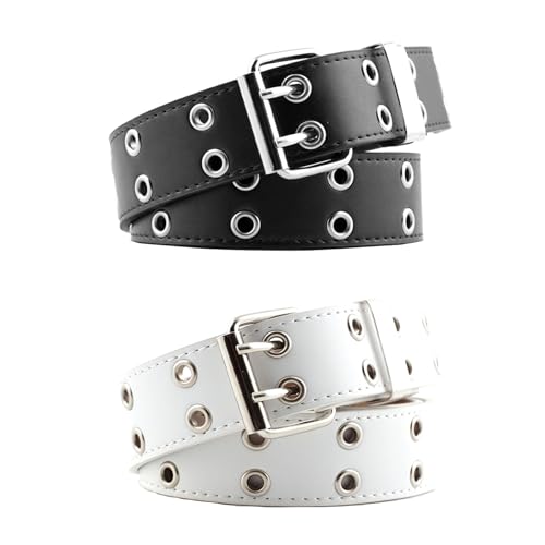 YMO Black Belt Women, White Double Grommet Leather Belt for Women Men Jeans Belts