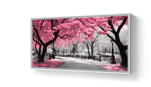 Peinture sur toile paysage avec cerisiers roses 30x60cm pour déco murale