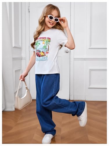 Image of RoseSeek Girl's Graphic Drop Shoulder Star Print Tee Tops Short Sleeve Crew Neck Summer Shirts
