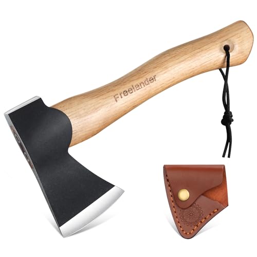 Freelander Survival Axt Klein, 26CM Outdoor Axt Holz Spalten Handbeil Geschmiedet, Bushcraft Axt Beil mit Lederscheide, Outdoor Axt Survival Camping Leicht Spaltaxt, Geschenke für Männer