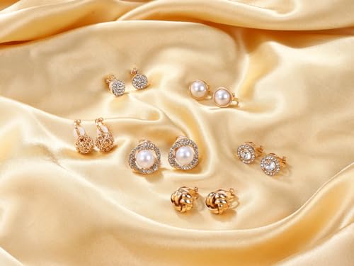 HAIAISO 6 Pairs Clip On Earrings Cubic Zirconia Pearl Knot Twist Clip On Earrings Non Pierced for Women Clip Earrings Set 6