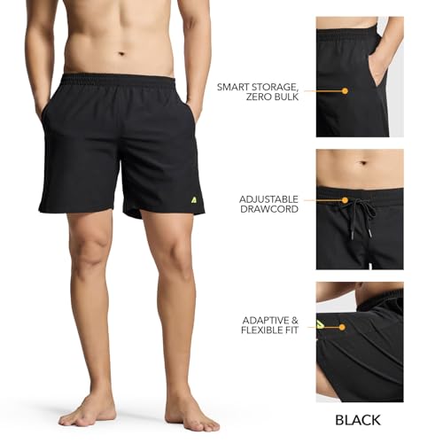 Image of Boldfit Swimming Shorts for Men Stretchable Fit Swimming Trunks, Adjustable Quick-Drying Swim Shorts, Breathable Swimwear - Black(S)
