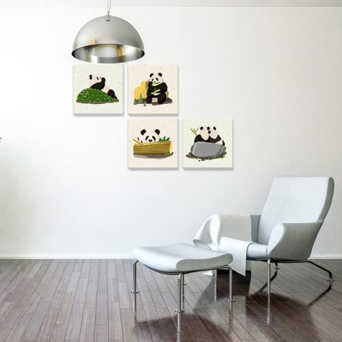 Funny Panda Canvas Wall Art Chinese Style Panda Pictures 4 Pieces Cartoon Panda Playing Painting Bamboo Prints Artwork Framed For Living Room Bedroom 12"X12" #TOP2