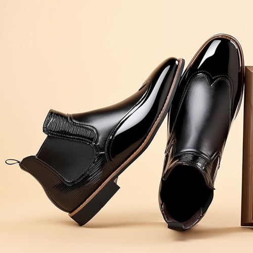 Men's Patent Leather Chelsea Dress Boots Fashion Leather Splicing Elastic Band Pointed-Toe Slip On Ankle Boots Casual Business Formal Oxford Booties3