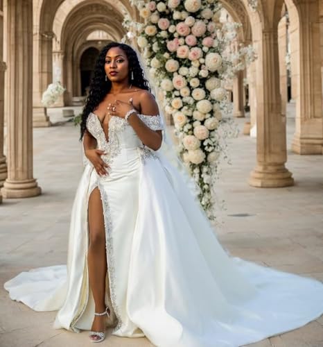 Xyiveaf Off Shoulder Long Wedding Dresses 2025 Crystals Beading White V-Neck Bridal Dress Satin Bride Wedding Gown with Slit3
