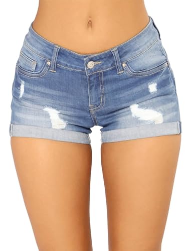 GOLDPKF Shorts for Women Ripped Rolled Hem Denim Shorts Cotton Summer Mid-Low Waisted Stretch Jeans Short Sky Blue M