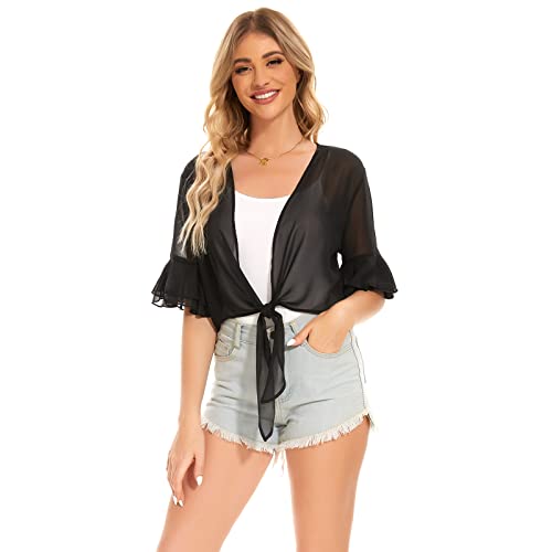 Image of JASGOOD Women Chiffon Shrug Half Sleeve Tie Front Cropped Sheer Bolero Shrug Open Front Cardigan