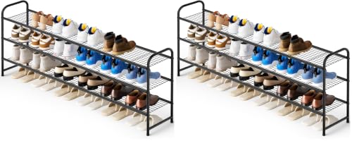 Image of 3-Tier Long Shoe Rack for Closet Metal Shoe Organizer for Entryway, Wide Stackable Shoe Storage Shelf with Sturdy Wire Grid for Closet Floor, Bedroom, Black (Pack of 2)