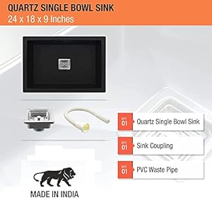 CANCRI Quartz Single Bowl 24 x 18 x 9 inches Kitchen Sink Quartz Single Bowl Kitchen Sink Matt Finish | With Sink Coupling Waste Pipe (Marvel Black)