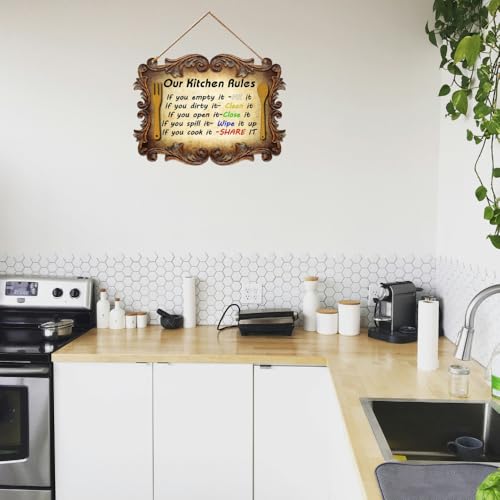 Image of PNF Poster And Frames OUR KITCHEN RULES Quote Wall art & Door Hanging Frame For Kitchen, Dining, restaurants Decor | Walland home Decor for Living Room | Room Decor Wall Decor Items For Bedroom | (Wooden, 11x9 Inch,brown)1-1