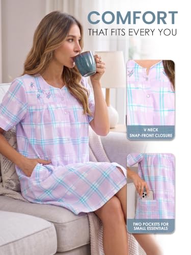 Image of Casual Nights Women's Snap - Front House Dress Short Sleeve Woven Housecoat Duster Lounger Robe with Pockets