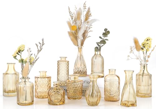 UPBUD Amber Glass Bud Vases Set of 12, Gold Mini Flower Vase for Centerpieces, Small Vases in Bulk for Wedding Decorations, Vintage Vase for Table, Recepetion, Home Décor