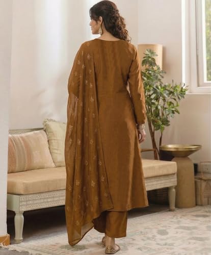 Image of ANNI Designer Women's Viscose Straight Printed Embroidery Kurta with Pant & Dupatta | Long Sleeve Ethnic Kurta Set for Women | Casual Office, Daily, Party Outfits