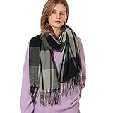 Cozyan Damen Schal Cashmere Gefällt Wraps DeckeSchal Spleißen Karo Schal Herbst Winter Top Qualität Warm Schal Strick Poncho mit Fransen für Damen Vielseitiger Kapuzen Schal (schwarze Tinte)