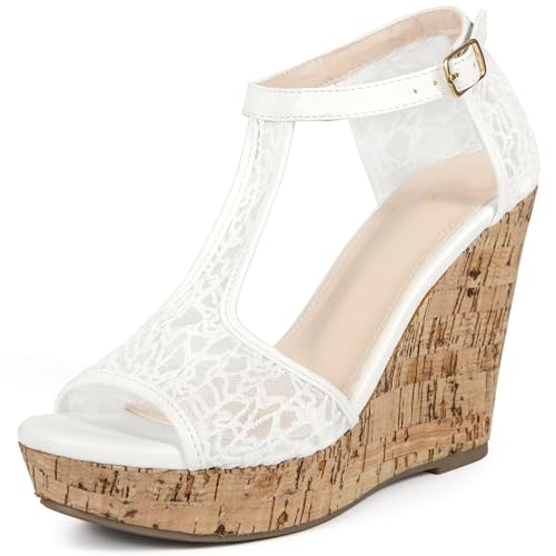 Perphy Lace Platform Wedges Open Toe T-Strap Wedge Heels Sandals for Women