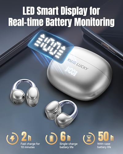 Image of King Lucky Next-gen Clip on Earbuds Open Ear Wireless Bluetooth 6.0 Headphones with Mic,50H Play,ENC,IPX5 Waterproof,Sports Ear Buds,Comfortable for Small Ears&Fitness,Run (Silver, Digital Display)