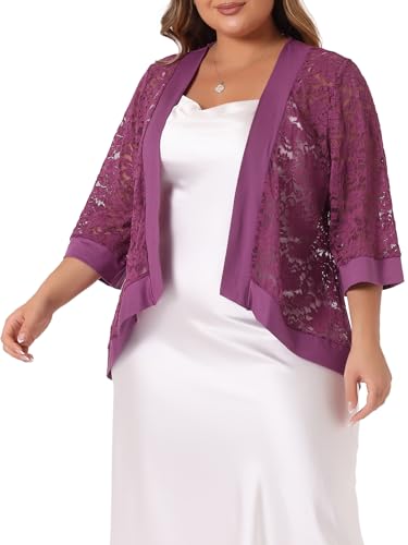 Image of Agnes Orinda Plus Size Cardigans for Women 3 /4 Sleeve Open Front Lightweight Sheer Shrug Lace Bolero Cover Up 3X Purple