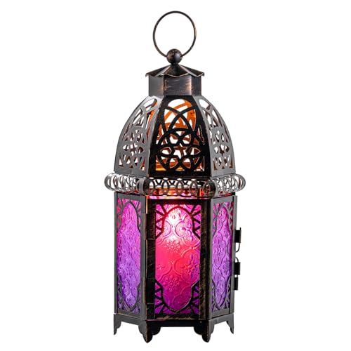 DECORKEY Halloween Decorations Indoor, Purple Decorative Candle Lantern for Moroccan Light Decor, 12.8’’ Vintage Metal Hanging&Tabletop Lantern, Ramadan Lantern for Home Outdoor Patio(Purple)